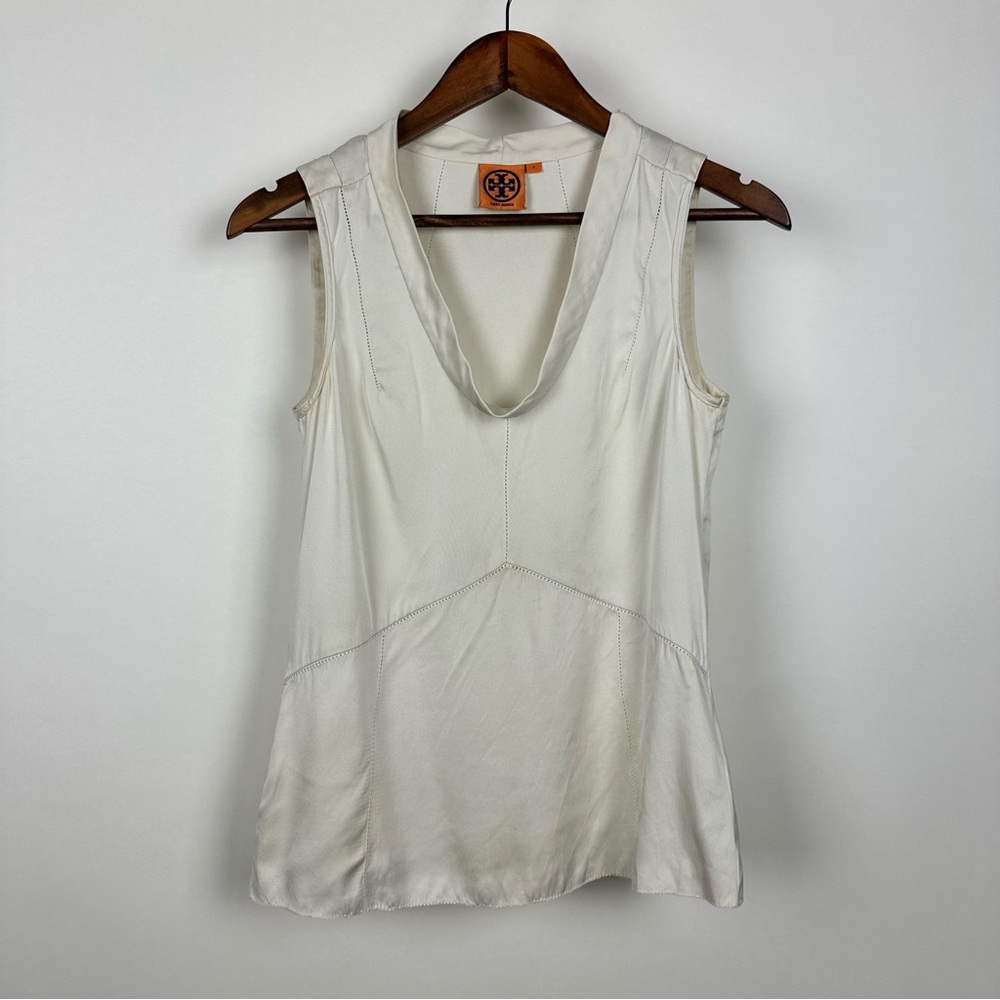 TORY BURCH Jasmine 100% Silk Shell Cow Neck Tank Top Ivory Cream - Picture 2 of 8